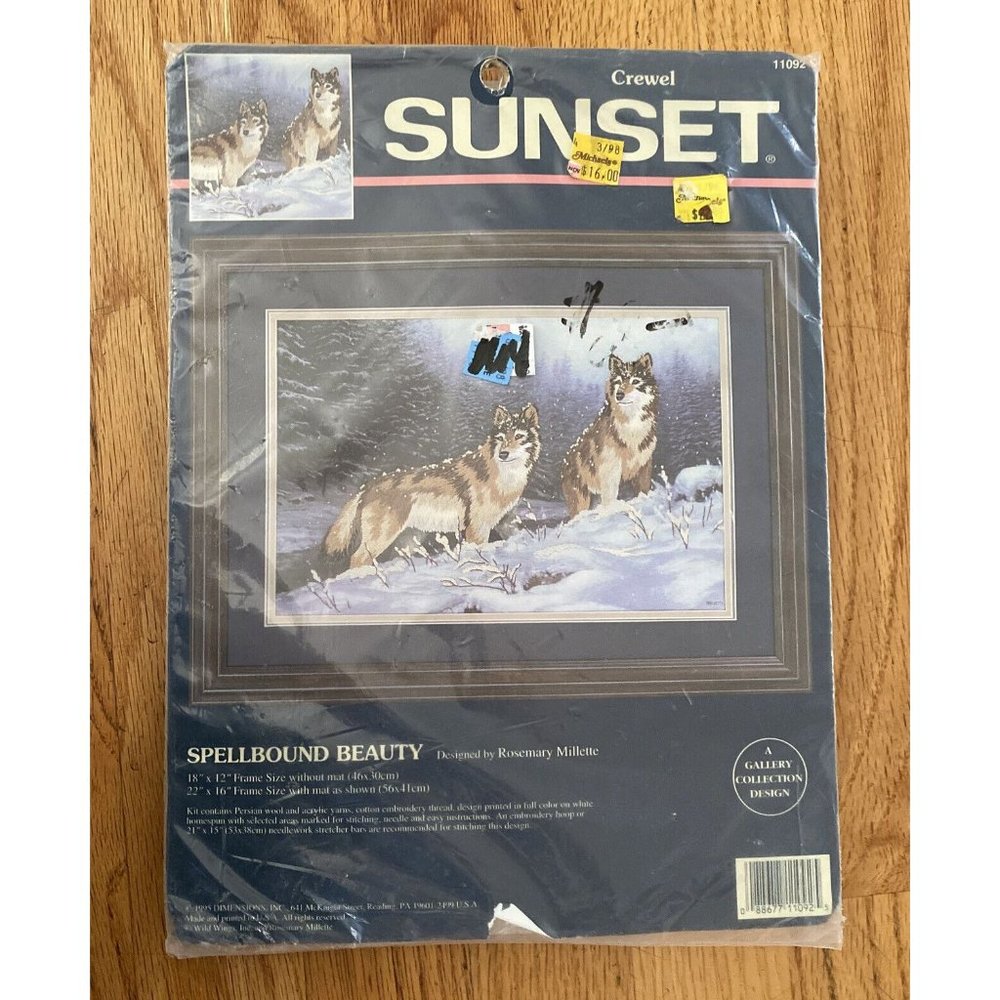 Sunset Crewel Embroidery Spellbound Beauty 11092 Wolves By Rosemary Millette